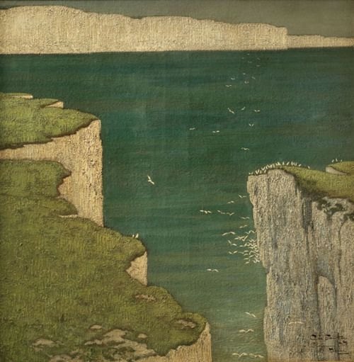 Painting of green cliffs above the sea